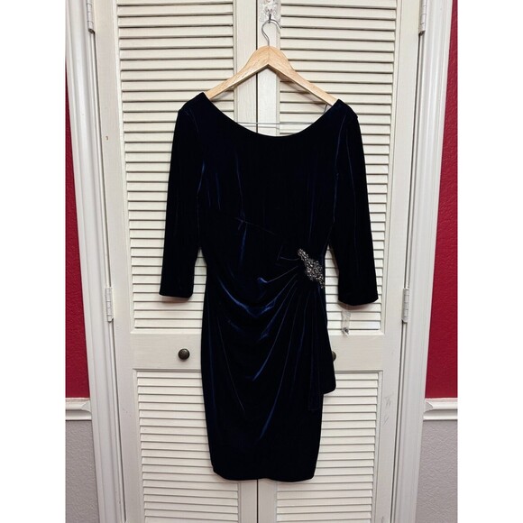 Alex Evenings Dress Women 14 Plus Navy Blue Side-Ruched Beaded Event Occasion - Picture 1 of 8